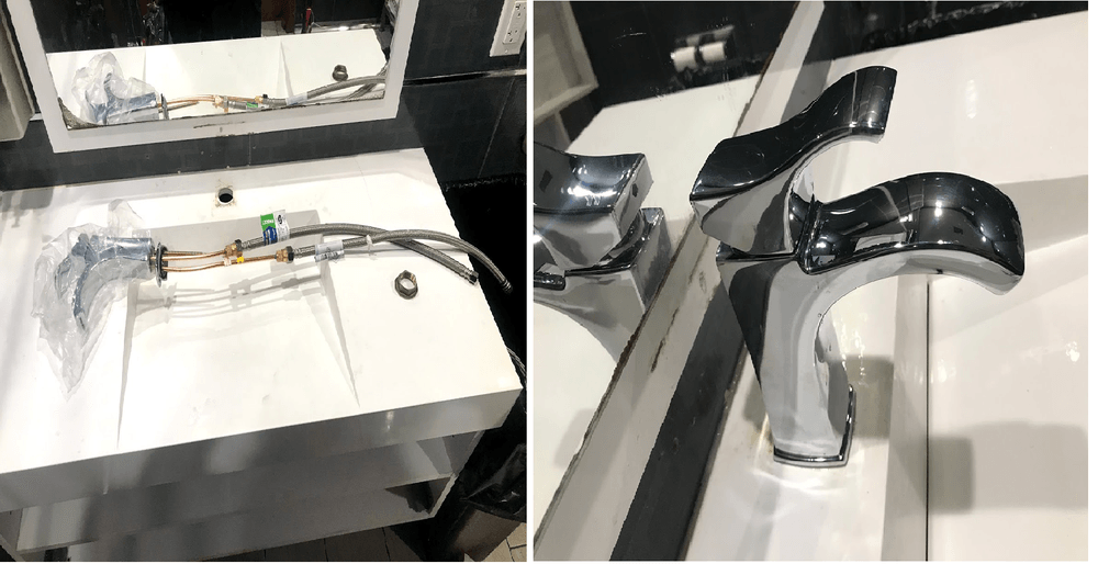 A bathroom sink with a modern chrome faucet, close-up view.  The sink has a white countertop.